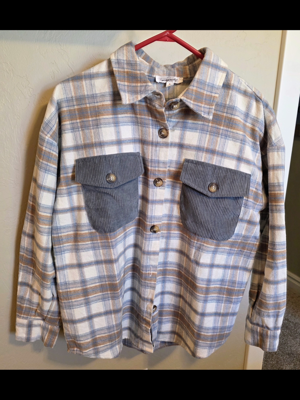 Women's Plaid Button-Up Shirt Jacket with Contrast Pockets - Blue & Tan